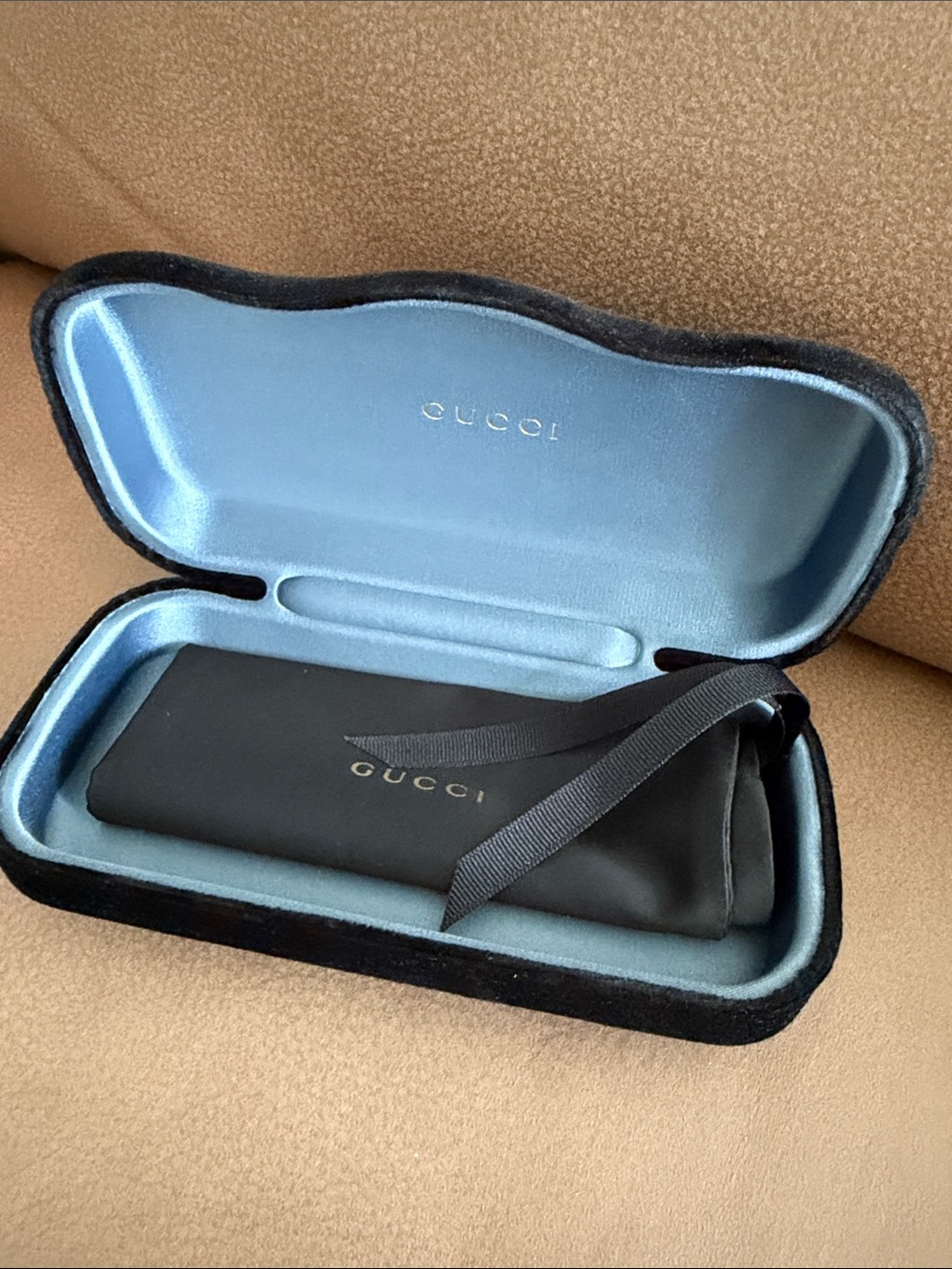 Gucci Black Eyewear Case with Light Blue Interior and Soft Pouch